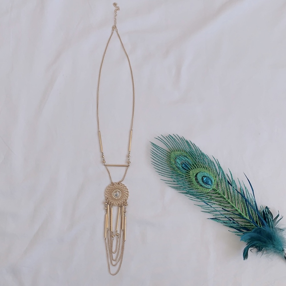Long gold color necklace, rhinestone